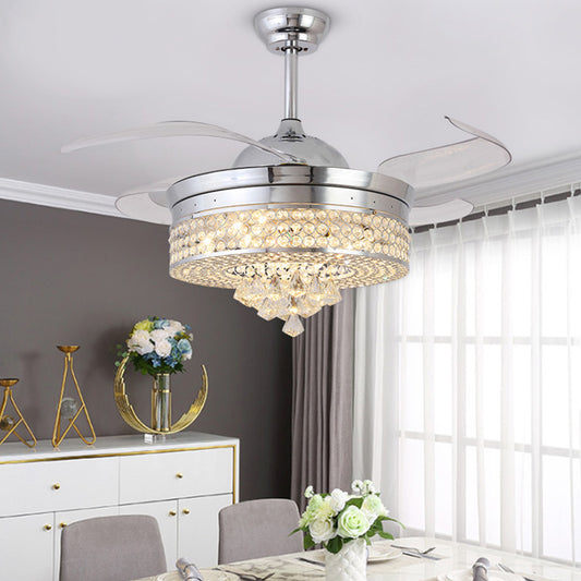 42" W Chrome Round Hanging Fan Lamp Minimalist Beveled Crystal LED Semi Flush Light Fixture with 4 Blades Clearhalo 'Ceiling Fans with Lights' 'Ceiling Fans' 'Modern Ceiling Fans' 'Modern' Lighting' 2478071