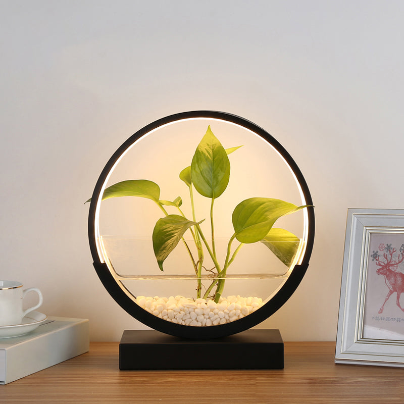 Nordic Circle Table Lamp Acrylic Bedroom LED Night Light with Hydroponics Plant Pot Design Black Warm Clearhalo 'Lamps' 'Table Lamps' Lighting' 2478435