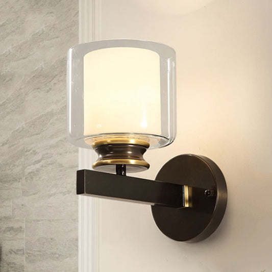 Black 1-Light Wall Mounted Light Traditional Metal Cylinder Wall Sconce with Double-Tier Glass Shade for Bedroom Clearhalo 'Wall Lamps & Sconces' 'Wall Lights' Lighting' 247859