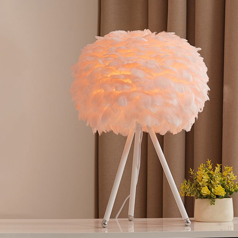 Goose Feather Sphere Table Lamp Nordic 1 Bulb Night Stand Light with Tripod Stand White Pink Clearhalo 'Lamps' 'Table Lamps' Lighting' 2478618