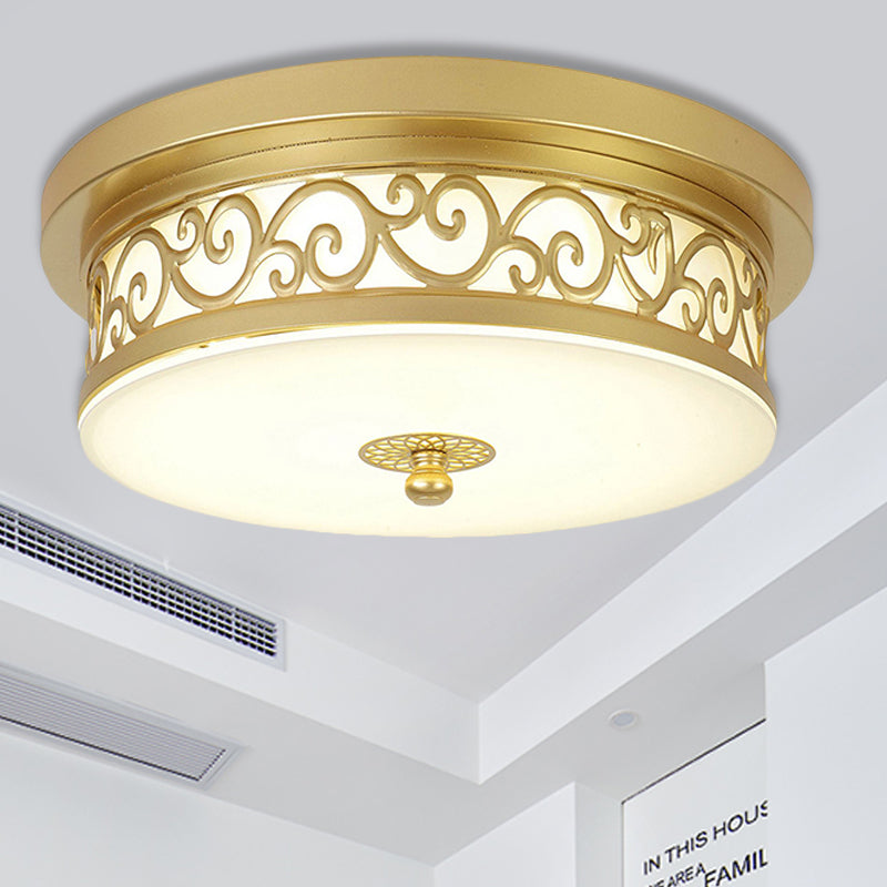 Gold Drum Flush Mount Lamp Classic White Glass LED 12"/16"/19.5" W Living Room Ceiling Light in White/Warm Light Gold 12" Clearhalo 'Ceiling Lights' 'Close To Ceiling Lights' 'Close to ceiling' 'Flush mount' Lighting' 247869