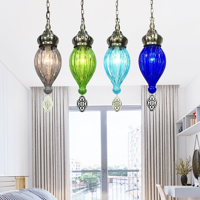 Traditional Droplet Hanging Lamp Blue/Green/Taupe Ribbed Glass 1/4 Bulbs Suspension Light for Bedroom Multi-Color 4 Clearhalo 'Ceiling Lights' 'Glass shade' 'Glass' 'Pendant Lights' 'Pendants' Lighting' 247872