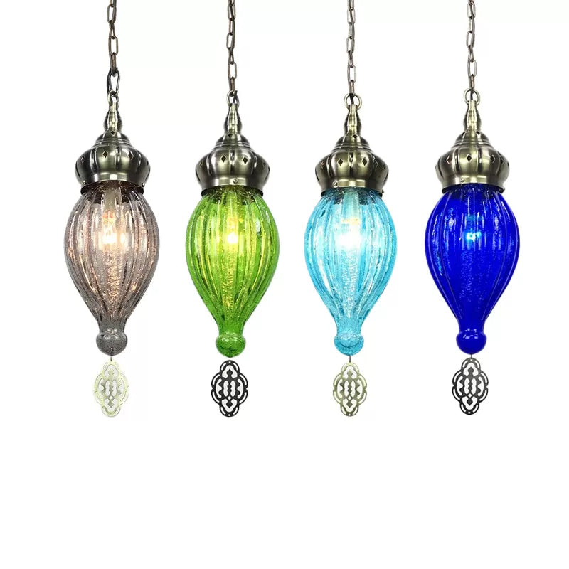 Traditional Droplet Hanging Lamp Blue/Green/Taupe Ribbed Glass 1/4 Bulbs Suspension Light for Bedroom Clearhalo 'Ceiling Lights' 'Glass shade' 'Glass' 'Pendant Lights' 'Pendants' Lighting' 247873