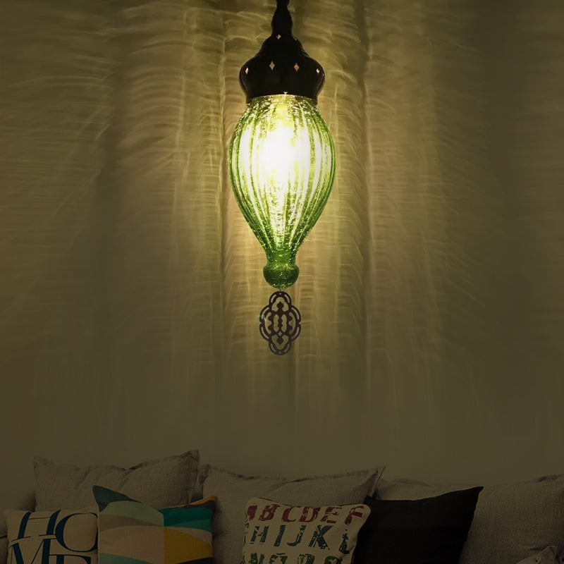 Traditional Droplet Hanging Lamp Blue/Green/Taupe Ribbed Glass 1/4 Bulbs Suspension Light for Bedroom Green 1 Clearhalo 'Ceiling Lights' 'Glass shade' 'Glass' 'Pendant Lights' 'Pendants' Lighting' 247880