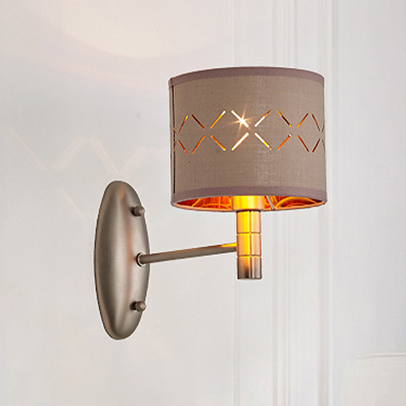 Cylindrical Bedroom Wall Light Fixture Traditional Metal Single Bulb Light Coffee Wall Lamp with Fabric Shade Light Coffee Clearhalo 'Wall Lamps & Sconces' 'Wall Lights' Lighting' 247895