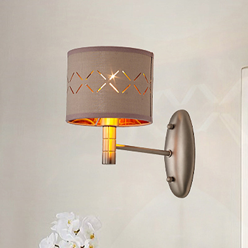 Cylindrical Bedroom Wall Light Fixture Traditional Metal Single Bulb Light Coffee Wall Lamp with Fabric Shade Clearhalo 'Wall Lamps & Sconces' 'Wall Lights' Lighting' 247896