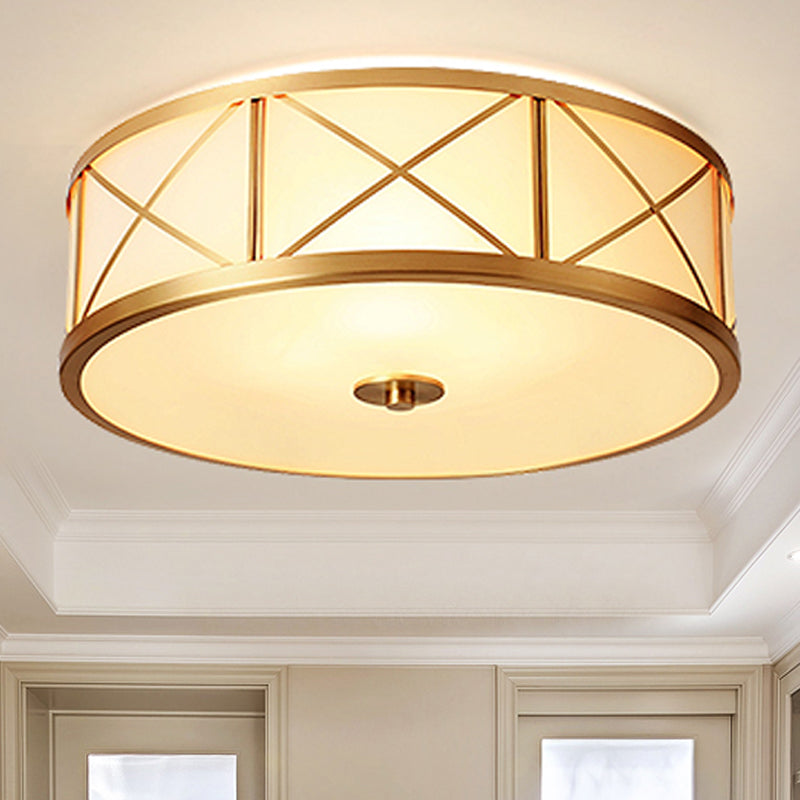 Drum Dining Room Flushmount Light Traditional White Glass 4 Lights Brass Ceiling Lighting, 11"/14"/18" W White Clearhalo 'Ceiling Lights' 'Close To Ceiling Lights' 'Close to ceiling' 'Flush mount' Lighting' 247897