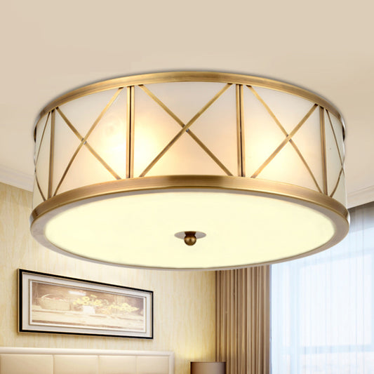 Drum Dining Room Flushmount Light Traditional White Glass 4 Lights Brass Ceiling Lighting, 11"/14"/18" W Clearhalo 'Ceiling Lights' 'Close To Ceiling Lights' 'Close to ceiling' 'Flush mount' Lighting' 247898