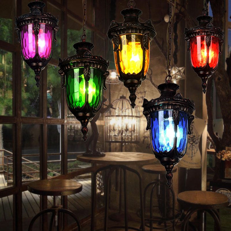 Traditional Urn Hanging Lamp Red/Yellow/Blue Glass 1/5 Bulbs Suspension Light for Living Room Multi-Color 5 Clearhalo 'Ceiling Lights' 'Close To Ceiling Lights' 'Glass shade' 'Glass' 'Pendant Lights' 'Pendants' Lighting' 247905