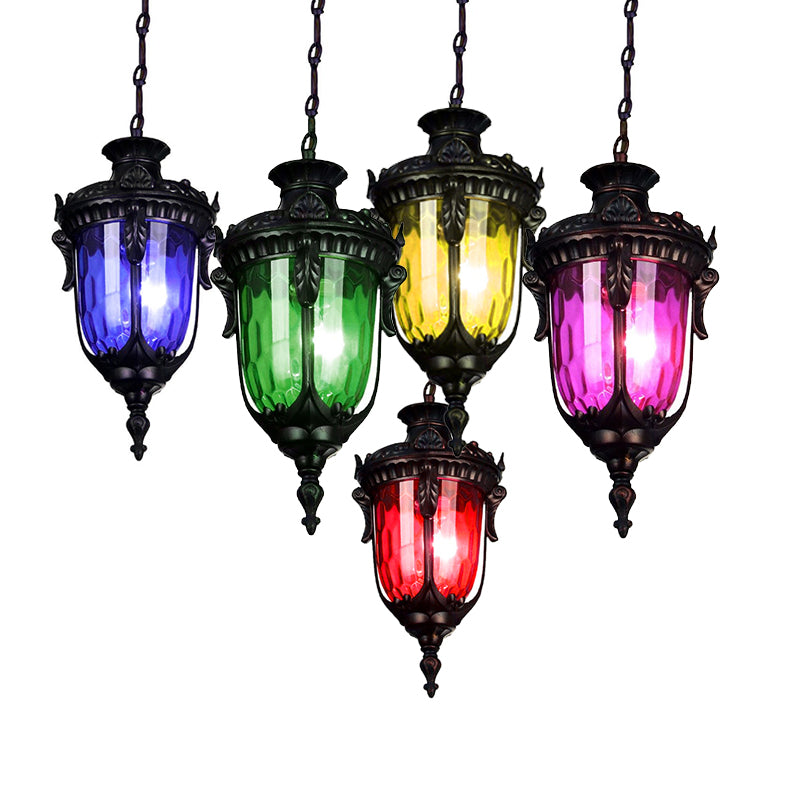Traditional Urn Hanging Lamp Red/Yellow/Blue Glass 1/5 Bulbs Suspension Light for Living Room Clearhalo 'Ceiling Lights' 'Close To Ceiling Lights' 'Glass shade' 'Glass' 'Pendant Lights' 'Pendants' Lighting' 247906
