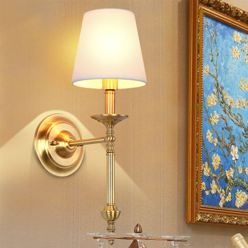 Brass Cone Wall Light Fixture Retro White Fabric Shade 1/2 Bulbs Dining Room Wall Sconce Lighting Clearhalo 'Wall Lamps & Sconces' 'Wall Lights' Lighting' 247918