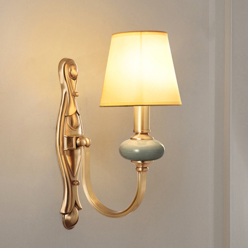 Fabric Brass Wall Sconce Tapered Shade 1 Light Vintage Wall Mount Light Fixture for Living Room Brass Clearhalo 'Wall Lamps & Sconces' 'Wall Lights' Lighting' 247919