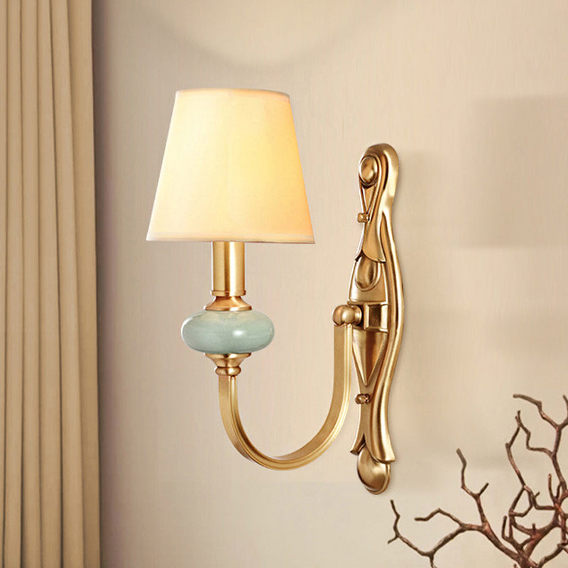 Fabric Brass Wall Sconce Tapered Shade 1 Light Vintage Wall Mount Light Fixture for Living Room Clearhalo 'Wall Lamps & Sconces' 'Wall Lights' Lighting' 247921