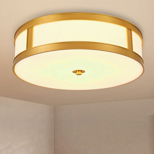 4 Lights White Glass Flush Light Fixture Traditional Brass Drum Living Room Ceiling Lighting, 14"/18" W White Clearhalo 'Ceiling Lights' 'Close To Ceiling Lights' 'Close to ceiling' 'Flush mount' Lighting' 247944