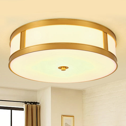 4 Lights White Glass Flush Light Fixture Traditional Brass Drum Living Room Ceiling Lighting, 14"/18" W Clearhalo 'Ceiling Lights' 'Close To Ceiling Lights' 'Close to ceiling' 'Flush mount' Lighting' 247945