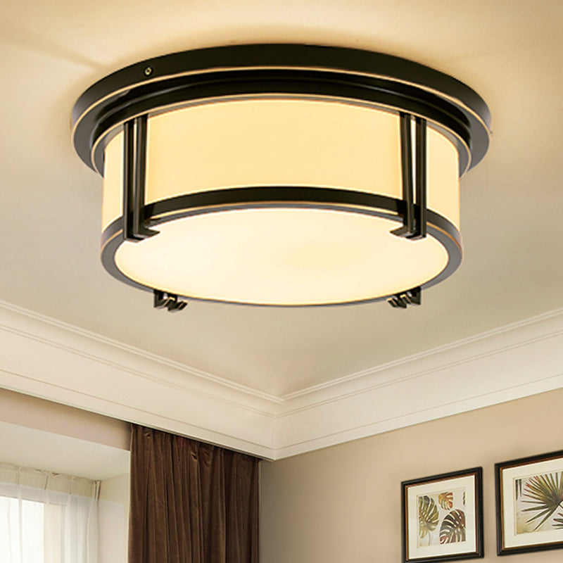 Black/Brass Drum Flush Mount Lamp Classic Frosted Glass LED Living Room Ceiling Light Fixture in Warm/White Light Black Clearhalo 'Ceiling Lights' 'Close To Ceiling Lights' 'Close to ceiling' 'Flush mount' Lighting' 247959