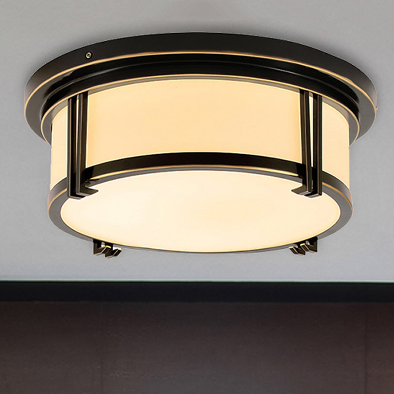 Black/Brass Drum Flush Mount Lamp Classic Frosted Glass LED Living Room Ceiling Light Fixture in Warm/White Light Clearhalo 'Ceiling Lights' 'Close To Ceiling Lights' 'Close to ceiling' 'Flush mount' Lighting' 247960