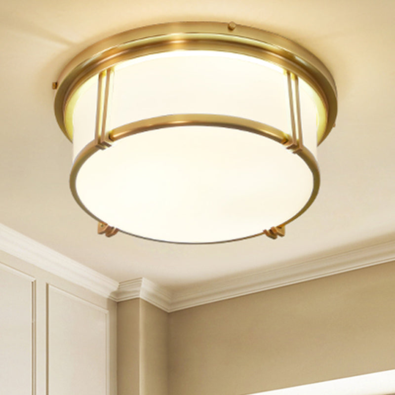 Black/Brass Drum Flush Mount Lamp Classic Frosted Glass LED Living Room Ceiling Light Fixture in Warm/White Light Brass Clearhalo 'Ceiling Lights' 'Close To Ceiling Lights' 'Close to ceiling' 'Flush mount' Lighting' 247961