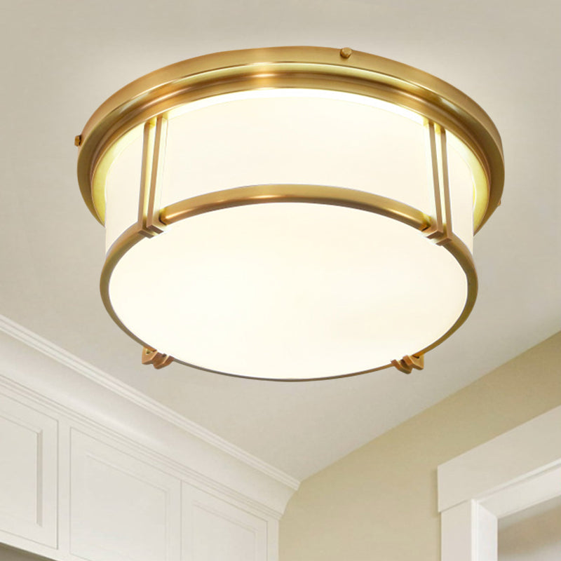 Black/Brass Drum Flush Mount Lamp Classic Frosted Glass LED Living Room Ceiling Light Fixture in Warm/White Light Clearhalo 'Ceiling Lights' 'Close To Ceiling Lights' 'Close to ceiling' 'Flush mount' Lighting' 247962