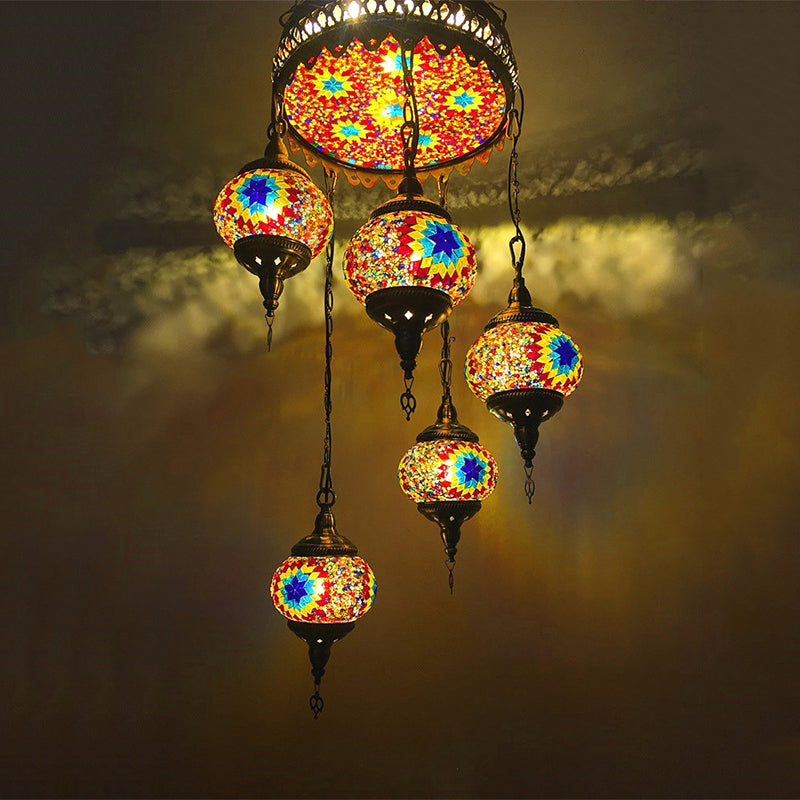 Ball Colorful Glass Hanging Chandelier Retro 6 Heads Bronze Ceiling Pendant Light for Restaurant Clearhalo 'Ceiling Lights' 'Chandeliers' Lighting' options 247992