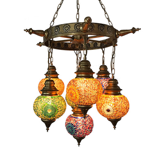 Globe Ceiling Chandelier Retro Colorful Glass 7 Heads Bronze Pendant Lighting Fixture for Living Room Clearhalo 'Ceiling Lights' 'Chandeliers' 'Glass shade' 'Glass' Lighting' 248052