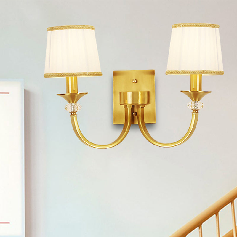 Traditional Drum Wall Light 2 Heads White Fabric Wall Sconce Lighting with Crystal Accent in Brass Brass Clearhalo 'Wall Lamps & Sconces' 'Wall Lights' Lighting' 248056