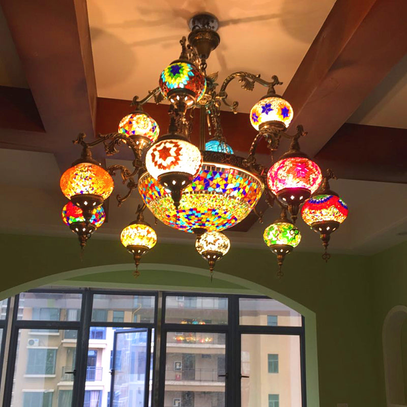 Curved Arm Metal Chandelier Traditional 15 Heads Bronze Hanging Light Kit with Ball Colorful Glass Shade Clearhalo 'Ceiling Lights' 'Chandeliers' Lighting' options 248078