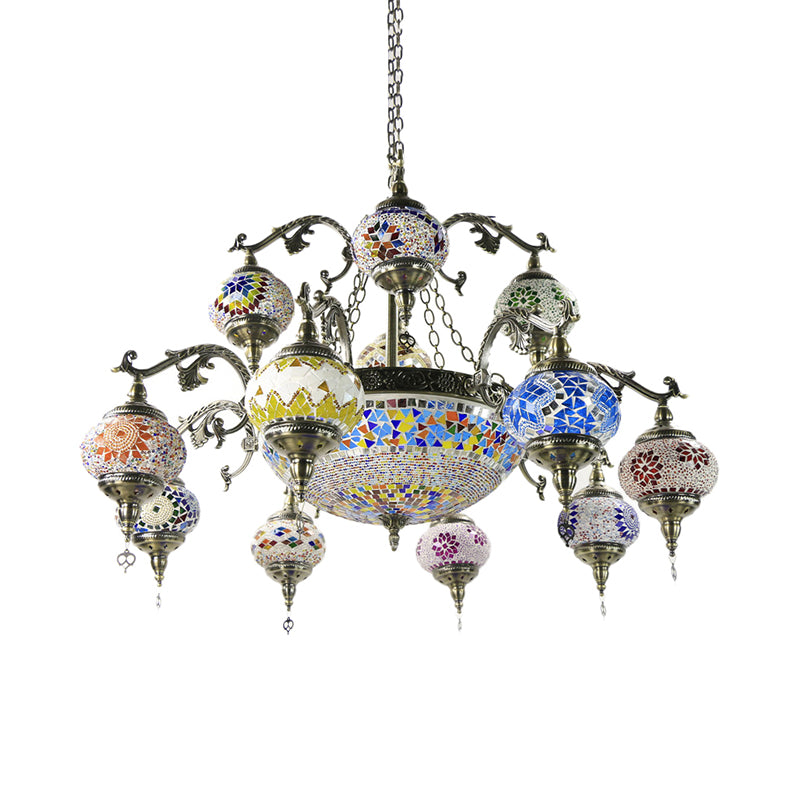 Curved Arm Metal Chandelier Traditional 15 Heads Bronze Hanging Light Kit with Ball Colorful Glass Shade Clearhalo 'Ceiling Lights' 'Chandeliers' Lighting' options 248079