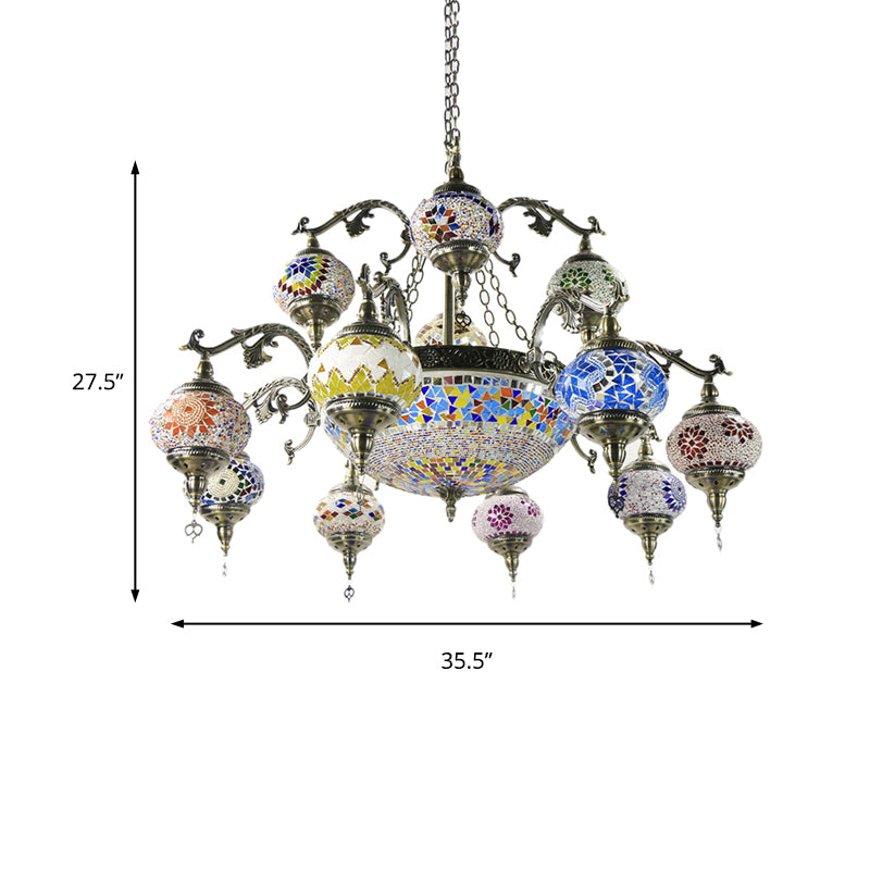 Curved Arm Metal Chandelier Traditional 15 Heads Bronze Hanging Light Kit with Ball Colorful Glass Shade Clearhalo 'Ceiling Lights' 'Chandeliers' Lighting' options 248080