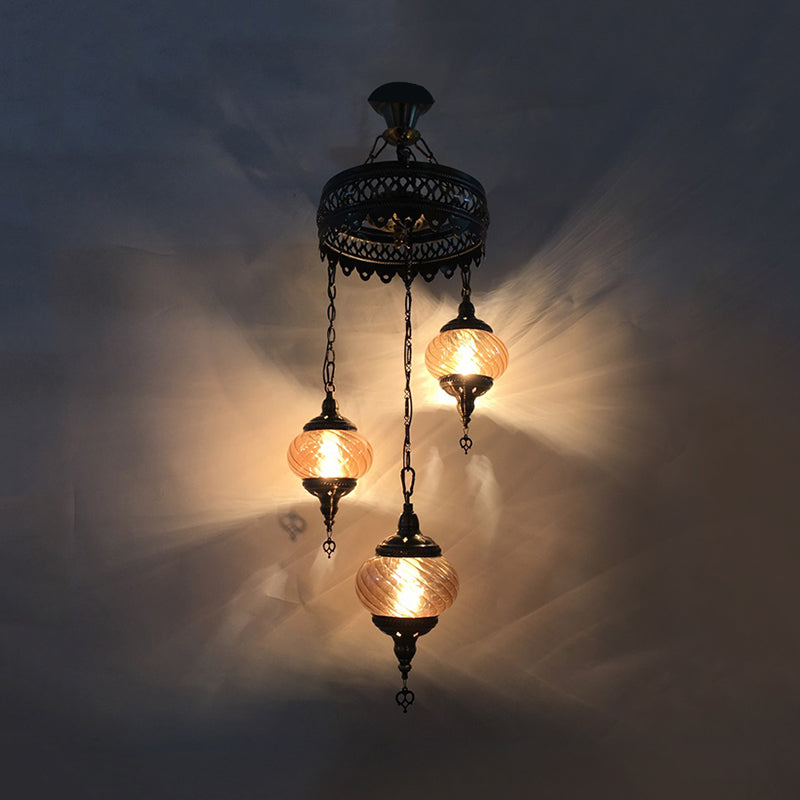 3/5/7 Bulbs Coffee House Hanging Chandelier Retro Bronze Ceiling Pendant Light with Spherical Colorful Glass Shade 3 Bronze Clearhalo 'Ceiling Lights' 'Chandeliers' 'Close To Ceiling Lights' 'Glass shade' 'Glass' Lighting' 248098