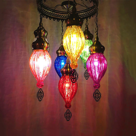 7 Bulbs Urn Ceiling Chandelier Tradition Colorful Glass Suspended Lighting Fixture in Bronze Bronze Clearhalo 'Ceiling Lights' 'Chandeliers' 'Glass shade' 'Glass' Lighting' 248106