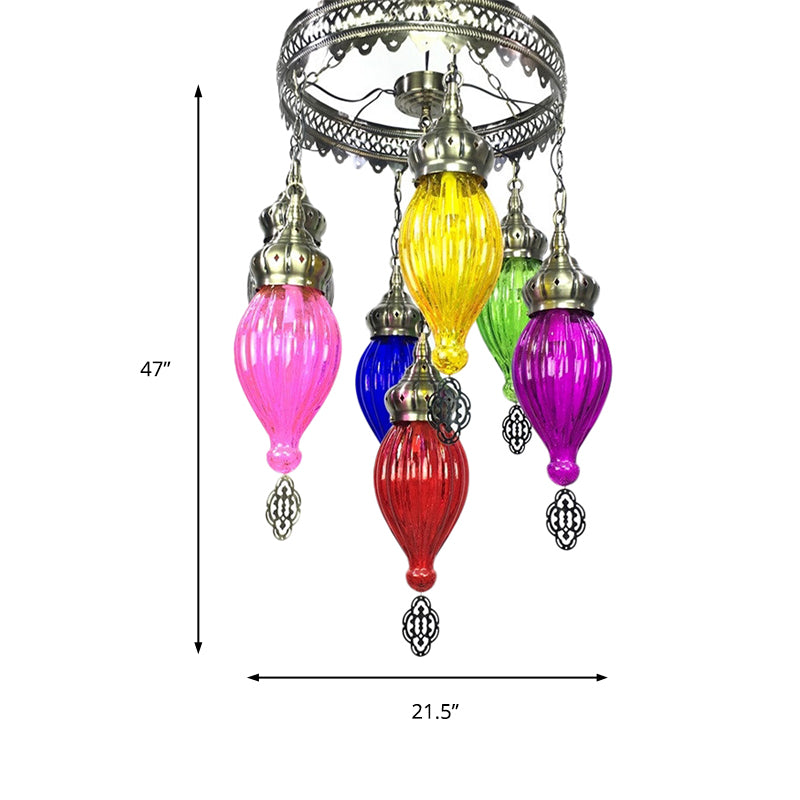 7 Bulbs Urn Ceiling Chandelier Tradition Colorful Glass Suspended Lighting Fixture in Bronze Clearhalo 'Ceiling Lights' 'Chandeliers' 'Glass shade' 'Glass' Lighting' 248109