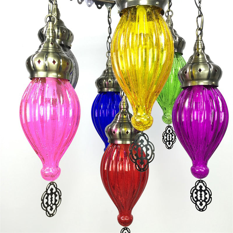 7 Bulbs Urn Ceiling Chandelier Tradition Colorful Glass Suspended Lighting Fixture in Bronze Clearhalo 'Ceiling Lights' 'Chandeliers' 'Glass shade' 'Glass' Lighting' 248110