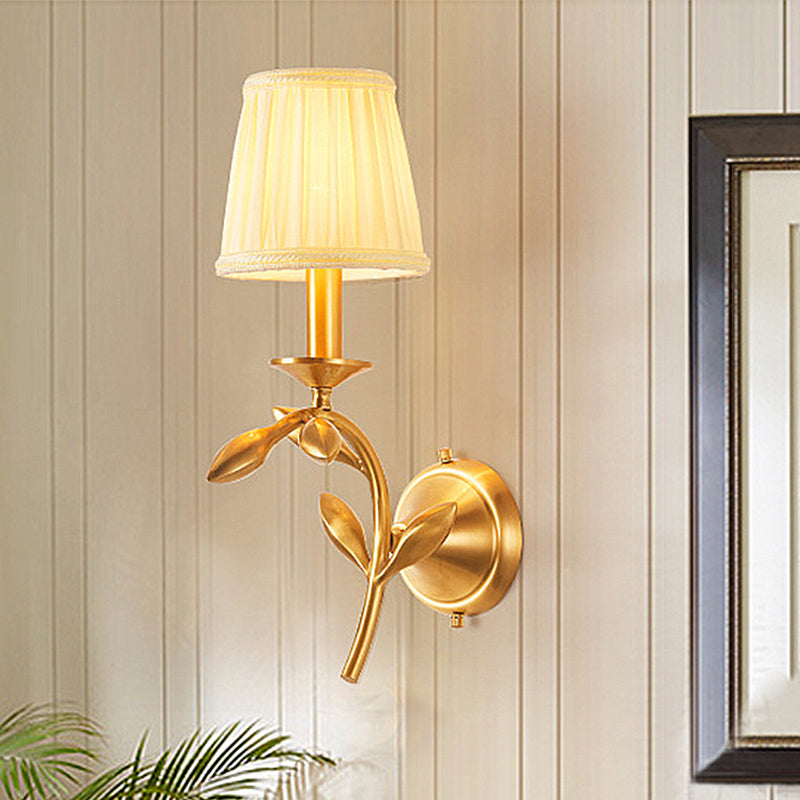 Brass Pleated Shade Wall Lamp American Rustic Fabric 1/2-Bulb Living Room Wall Light Sconce 1.0 Brass Clearhalo 'Wall Lamps & Sconces' 'Wall Lights' Lighting' 248114