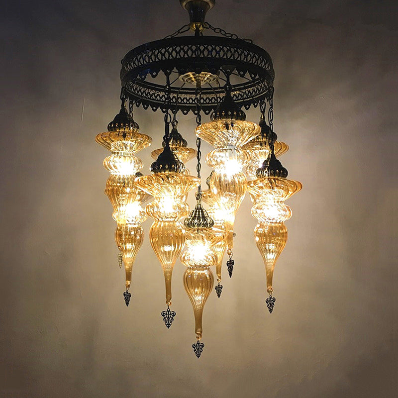 Traditional Curved Hanging Chandelier Colorful Glass 9 Bulbs Suspension Light in Bronze Bronze Clearhalo 'Ceiling Lights' 'Chandeliers' 'Glass shade' 'Glass' Lighting' 248115