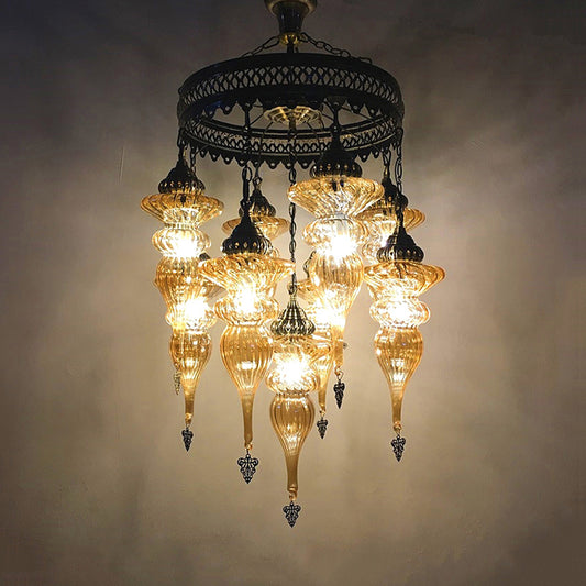 Traditional Curved Hanging Chandelier Colorful Glass 9 Bulbs Suspension Light in Bronze Bronze Clearhalo 'Ceiling Lights' 'Chandeliers' 'Glass shade' 'Glass' Lighting' 248115