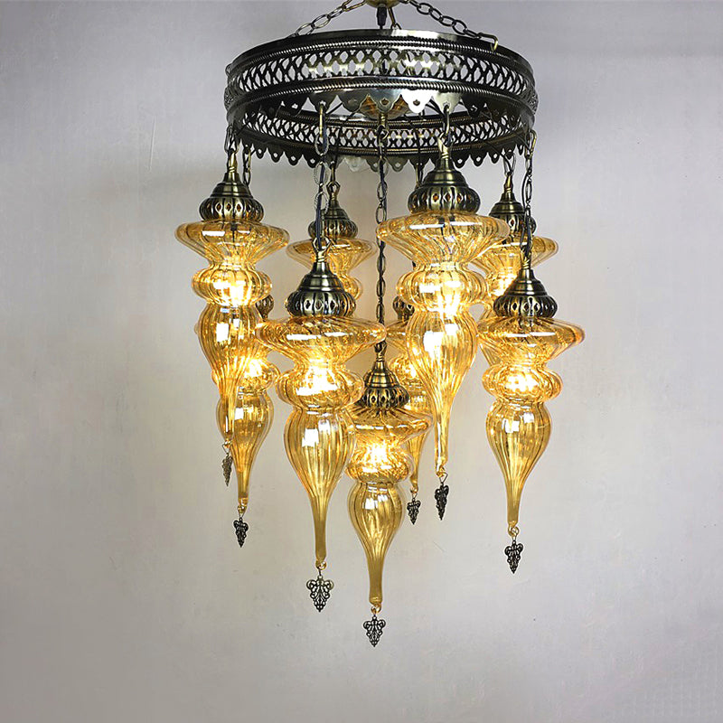 Traditional Curved Hanging Chandelier Colorful Glass 9 Bulbs Suspension Light in Bronze Clearhalo 'Ceiling Lights' 'Chandeliers' 'Glass shade' 'Glass' Lighting' 248116