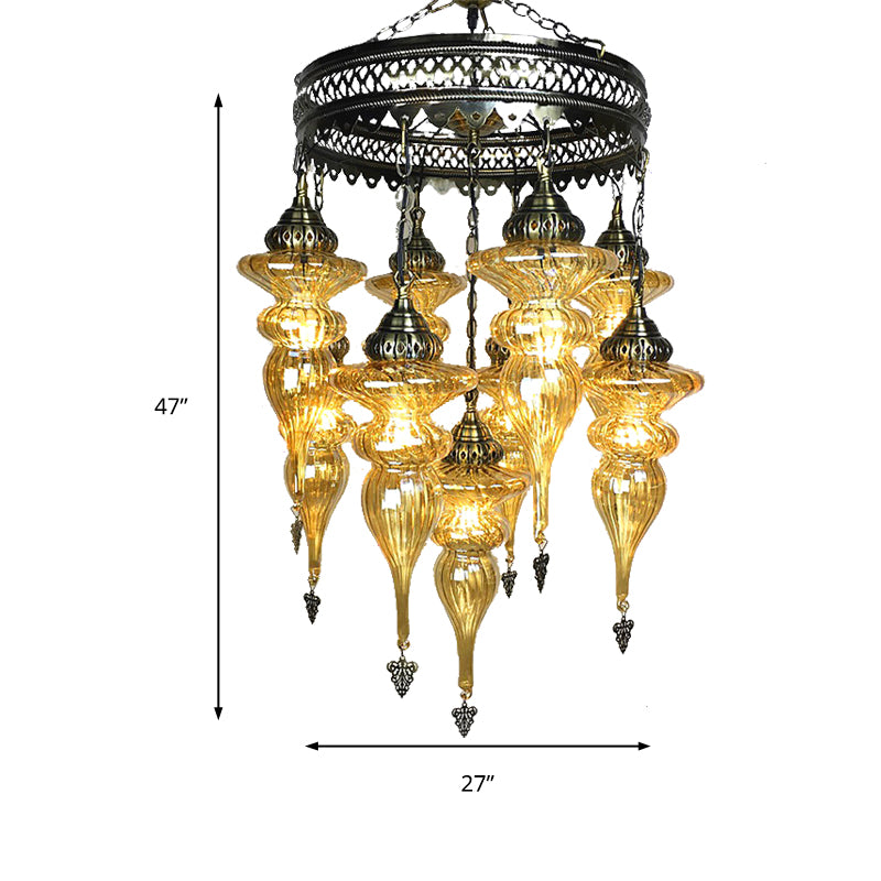 Traditional Curved Hanging Chandelier Colorful Glass 9 Bulbs Suspension Light in Bronze Clearhalo 'Ceiling Lights' 'Chandeliers' 'Glass shade' 'Glass' Lighting' 248118