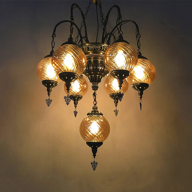 Globe Chandelier Vintage Amber Swirl Glass 7 Bulbs Pendant Light Fixture for Coffee House Amber Clearhalo 'Ceiling Lights' 'Chandeliers' 'Close To Ceiling Lights' 'Glass shade' 'Glass' Lighting' 248121