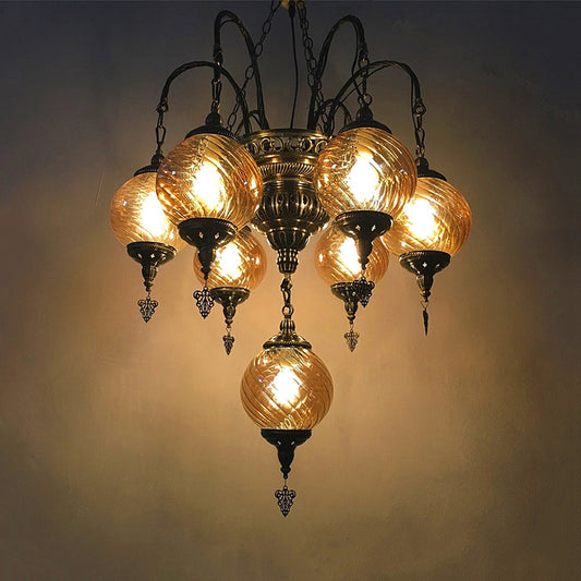 Globe Chandelier Vintage Amber Swirl Glass 7 Bulbs Pendant Light Fixture for Coffee House Amber Clearhalo 'Ceiling Lights' 'Chandeliers' 'Close To Ceiling Lights' 'Glass shade' 'Glass' Lighting' 248121