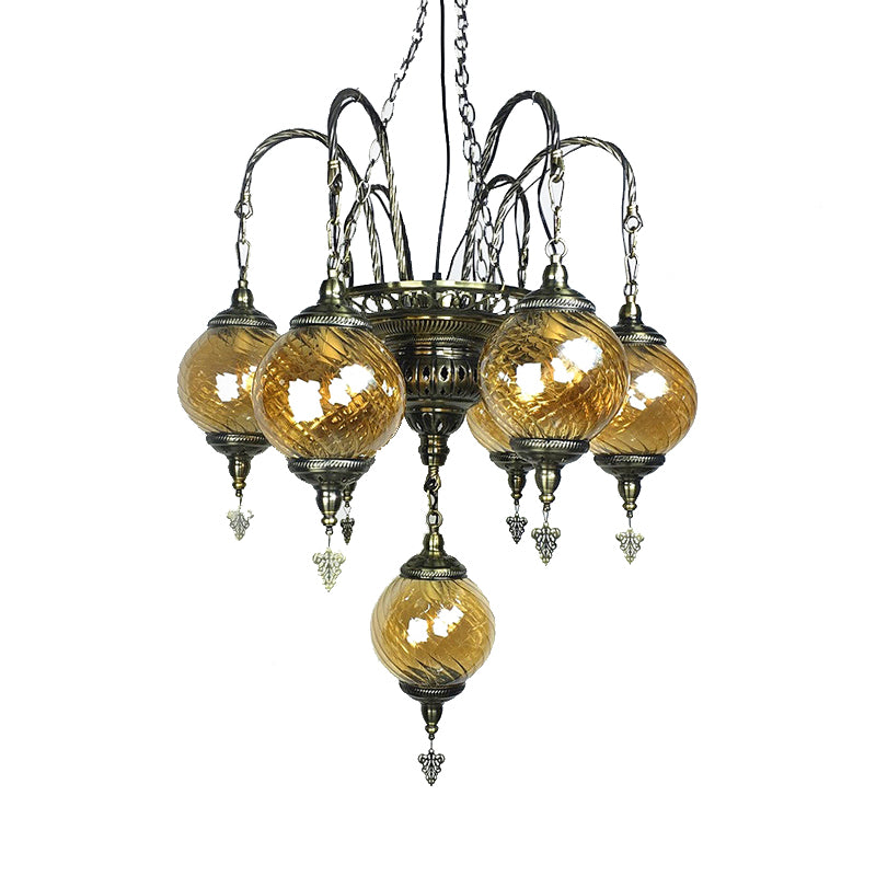 Globe Chandelier Vintage Amber Swirl Glass 7 Bulbs Pendant Light Fixture for Coffee House Clearhalo 'Ceiling Lights' 'Chandeliers' 'Close To Ceiling Lights' 'Glass shade' 'Glass' Lighting' 248123