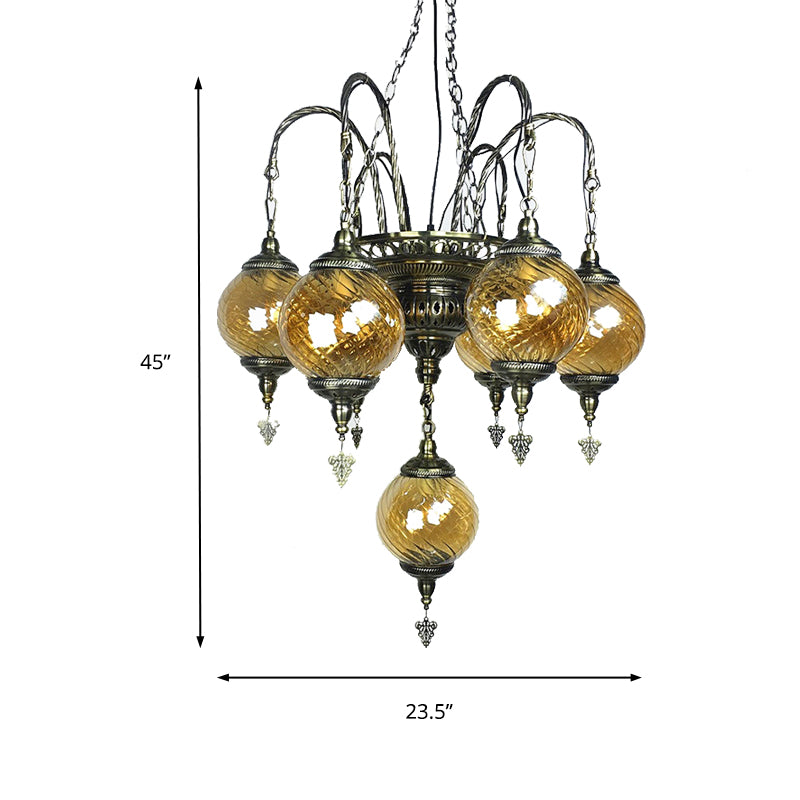 Globe Chandelier Vintage Amber Swirl Glass 7 Bulbs Pendant Light Fixture for Coffee House Clearhalo 'Ceiling Lights' 'Chandeliers' 'Close To Ceiling Lights' 'Glass shade' 'Glass' Lighting' 248124