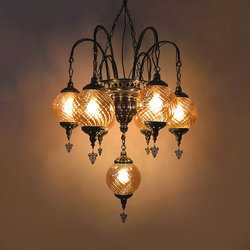 Globe Chandelier Vintage Amber Swirl Glass 7 Bulbs Pendant Light Fixture for Coffee House Clearhalo 'Ceiling Lights' 'Chandeliers' 'Close To Ceiling Lights' 'Glass shade' 'Glass' Lighting' 248125