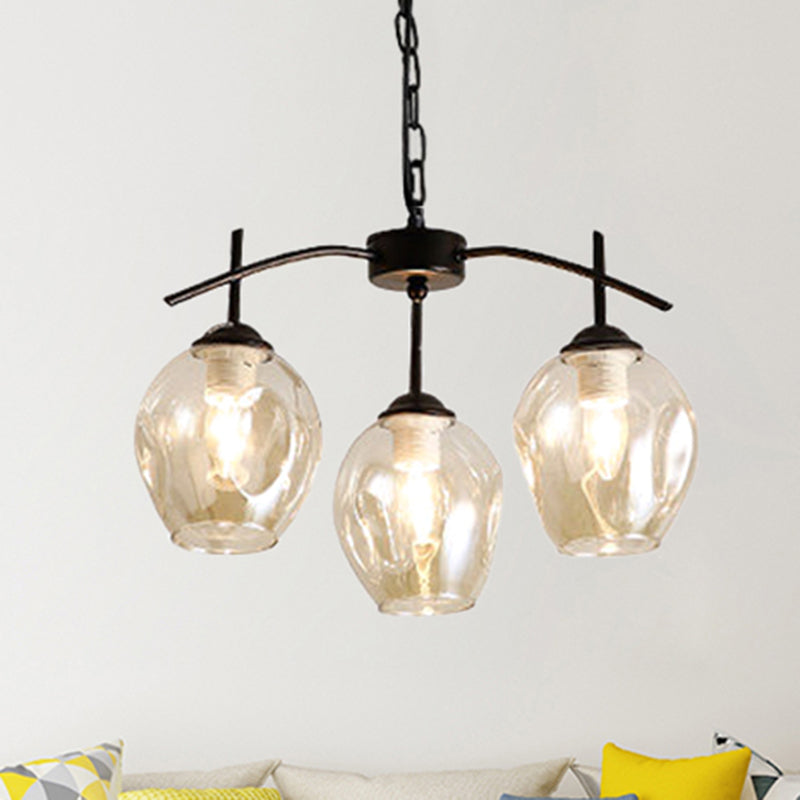 Bubble Shade Hanging Chandelier Post Modern Blue/Cognac Glass 3/6/8 Lights Black/Chrome Ceiling Light with Round/Linear Canopy 3 Black Round Clearhalo 'Ceiling Lights' 'Chandeliers' 'Glass shade' 'Glass' 'Modern Chandeliers' 'Modern' Lighting' 248150