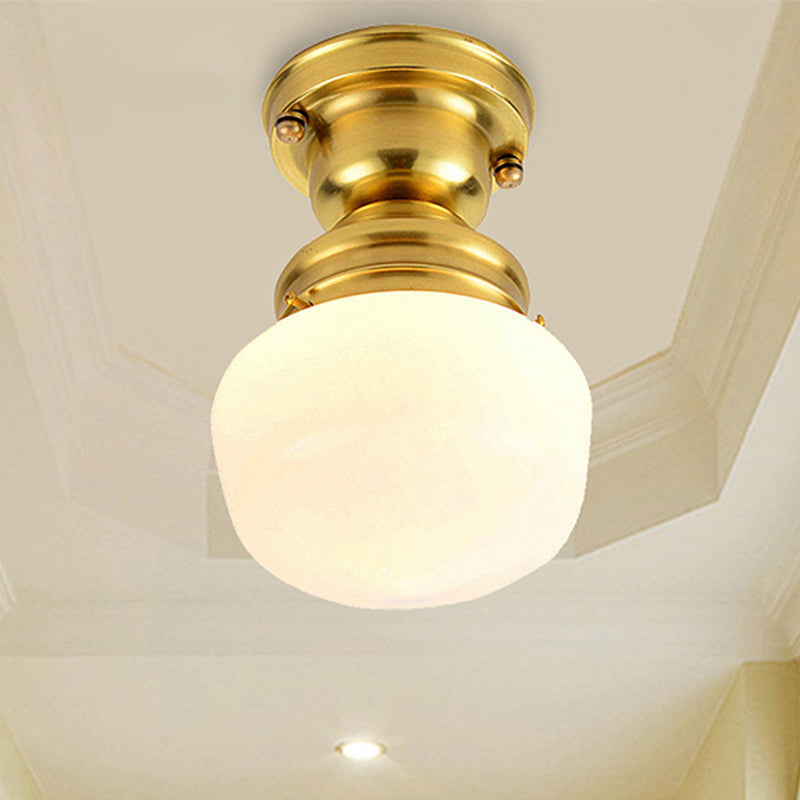 Round White Glass Flush Mount Lamp Classic 1 Light Living Room Ceiling Lighting in Brass White Clearhalo 'Ceiling Lights' 'Close To Ceiling Lights' 'Close to ceiling' 'Flush mount' Lighting' 248170