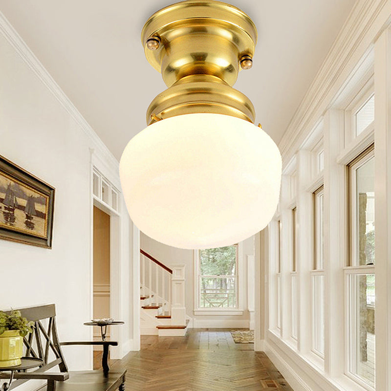 Round White Glass Flush Mount Lamp Classic 1 Light Living Room Ceiling Lighting in Brass Clearhalo 'Ceiling Lights' 'Close To Ceiling Lights' 'Close to ceiling' 'Flush mount' Lighting' 248171