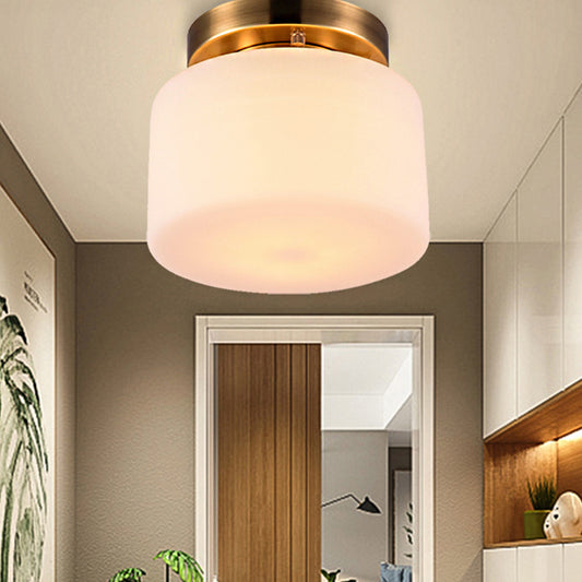 1 Light Flushmount Lighting Traditional Drum White Glass Ceiling Light in Brass for Living Room Clearhalo 'Ceiling Lights' 'Close To Ceiling Lights' 'Close to ceiling' 'Flush mount' Lighting' 248173