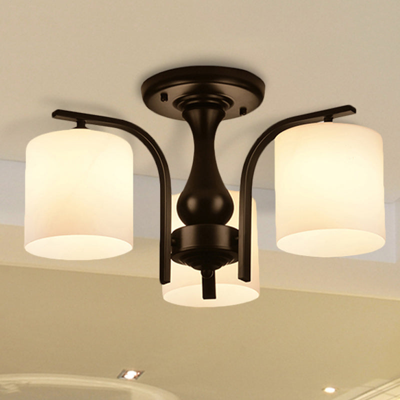 3/5/6 Lights Semi Flush Mount Traditional Cylinder Frosted Glass Ceiling Light in Black for Bedroom Clearhalo 'Ceiling Lights' 'Close To Ceiling Lights' 'Close to ceiling' 'Glass shade' 'Glass' 'Semi-flushmount' Lighting' 248177