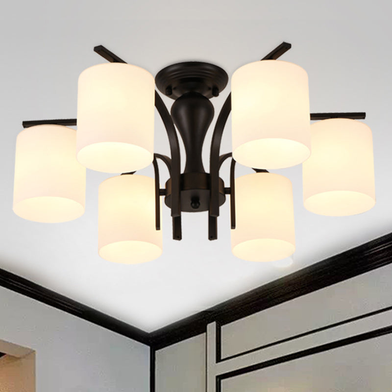 3/5/6 Lights Semi Flush Mount Traditional Cylinder Frosted Glass Ceiling Light in Black for Bedroom 6 Black Clearhalo 'Ceiling Lights' 'Close To Ceiling Lights' 'Close to ceiling' 'Glass shade' 'Glass' 'Semi-flushmount' Lighting' 248178