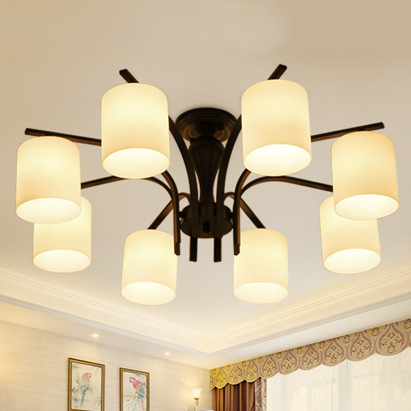 3/5/6 Lights Semi Flush Mount Traditional Cylinder Frosted Glass Ceiling Light in Black for Bedroom 8 Black Clearhalo 'Ceiling Lights' 'Close To Ceiling Lights' 'Close to ceiling' 'Glass shade' 'Glass' 'Semi-flushmount' Lighting' 248180